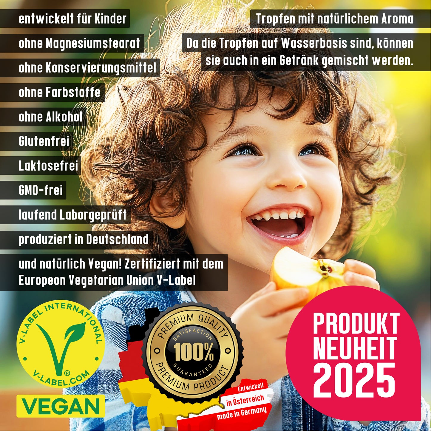 Vegan Kids All-in-One Tropfen - Vitamin B12+B2+B6+B9 Folsäure + Zink + Eisen + Selen + Natrium + Kalium + Jod - Komplex mit natürlichem Tropical Fruchtgeschmack (20ml = max. 4 Monats-Vorrat)