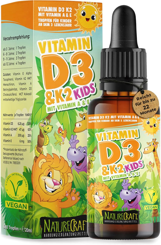 Vitamin D3+K2 KIDS mit Vitamin A & E, Vegan - dosiert für Kinder ab dem 3. Lebensjahr - Geschmacksneutral (20ml = max. 22 Monats-Vorrat)