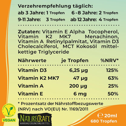 Vitamin D3+K2 KIDS mit Vitamin A & E, Vegan - dosiert für Kinder ab dem 3. Lebensjahr - Geschmacksneutral (20ml = max. 22 Monats-Vorrat)