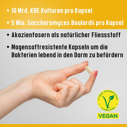 FloraProbio - Kulturen Komplex mit 23 Bakterienstämmen (10 Mrd. KBE) & Akazienfasern ohne Inulin, vegan - 60 magensaftresistente Kapseln (= max. 2 Monats-Vorrat)