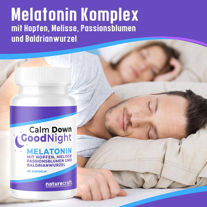 Melatonin Schlaf Komplex Calm Down & Good Night - Nahrungsergänzungsmittel mit Hopfen, Melisse, Passionsblumen und Baldrianwurzel - vegan - 60 Kapseln