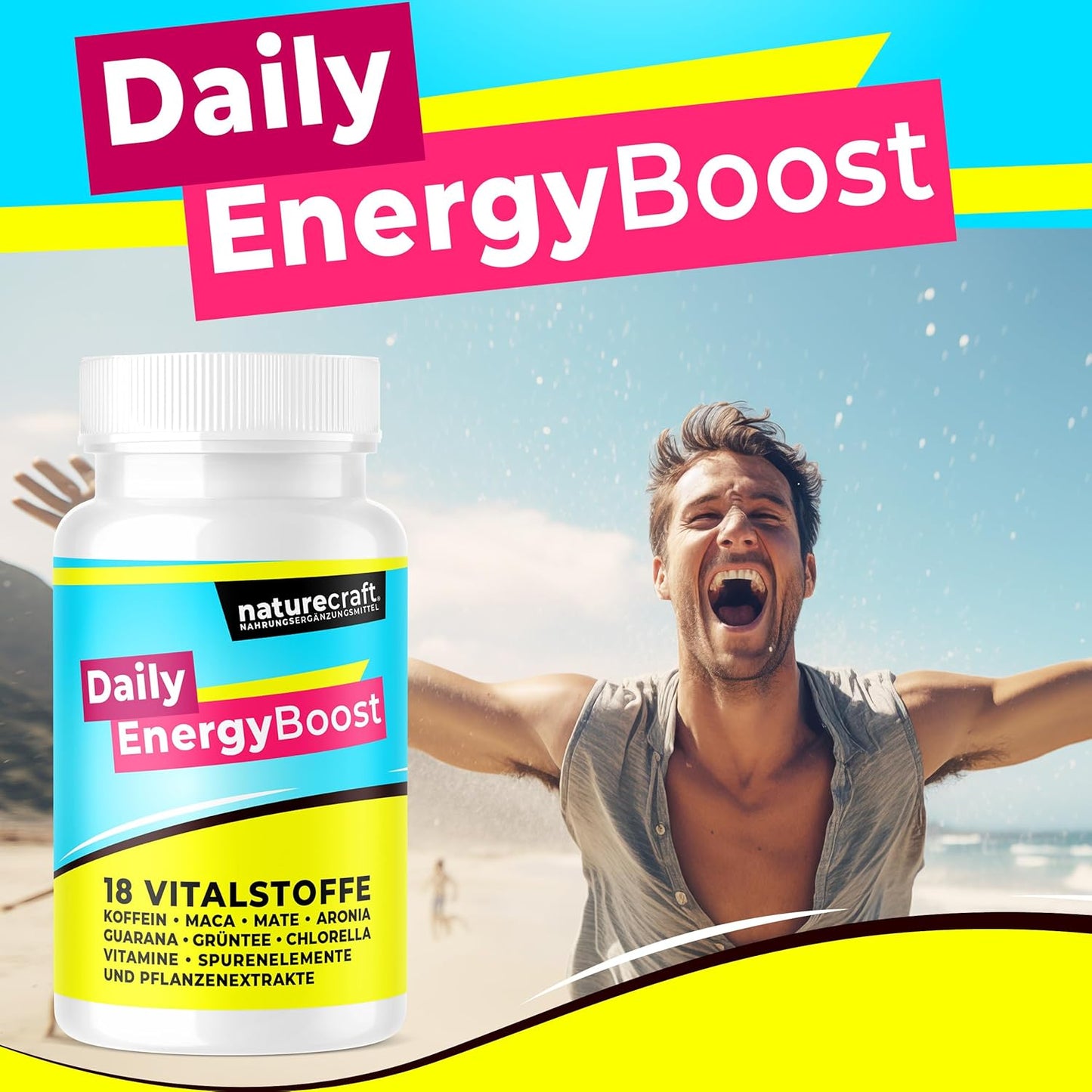 Daily EnergyBoost Nahrungsergänzungsmittel - 18 Vitalstoffe wie Koffeein, Maca, Mate, Aronia, Guarana, Grüntee, Chlorella, Vitamine, Spurenelemente und Pflanzenextrakte - vegan - 30 Kapseln