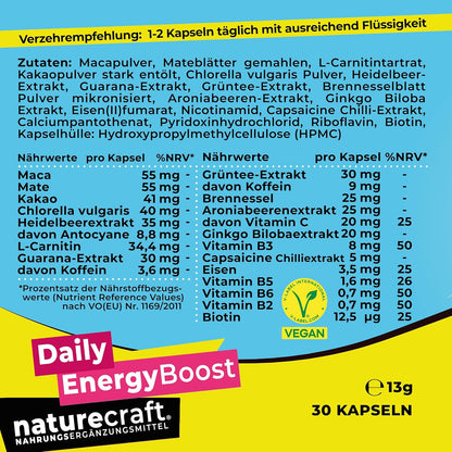 Daily EnergyBoost Nahrungsergänzungsmittel - 18 Vitalstoffe wie Koffeein, Maca, Mate, Aronia, Guarana, Grüntee, Chlorella, Vitamine, Spurenelemente und Pflanzenextrakte - vegan - 30 Kapseln