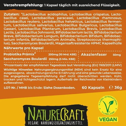 FloraProbio - Kulturen Komplex mit 23 Bakterienstämmen (10 Mrd. KBE) & Akazienfasern ohne Inulin, vegan - 60 magensaftresistente Kapseln (= max. 2 Monats-Vorrat)